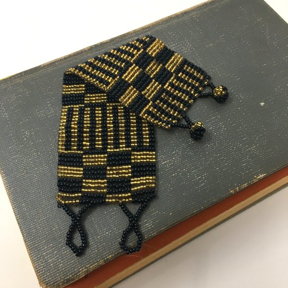 Art Deco Inspired Gold Black Wide Loom Woven Seed Bead Cuff Bracelet - Picture 13 of 16